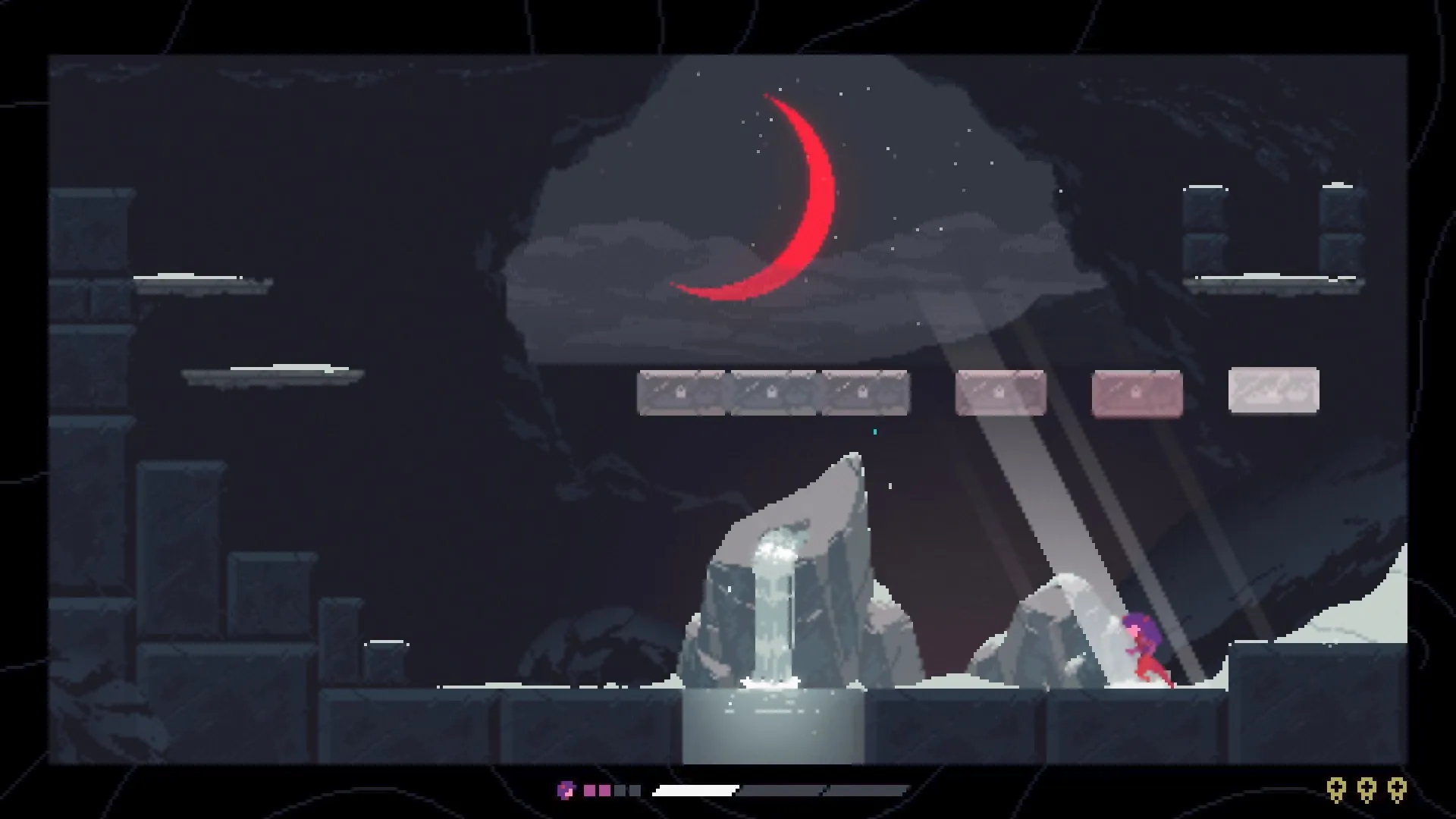 Dragenas: Dragonfly fairy runs under red crescent moon in cave platforming level with waterfalls.