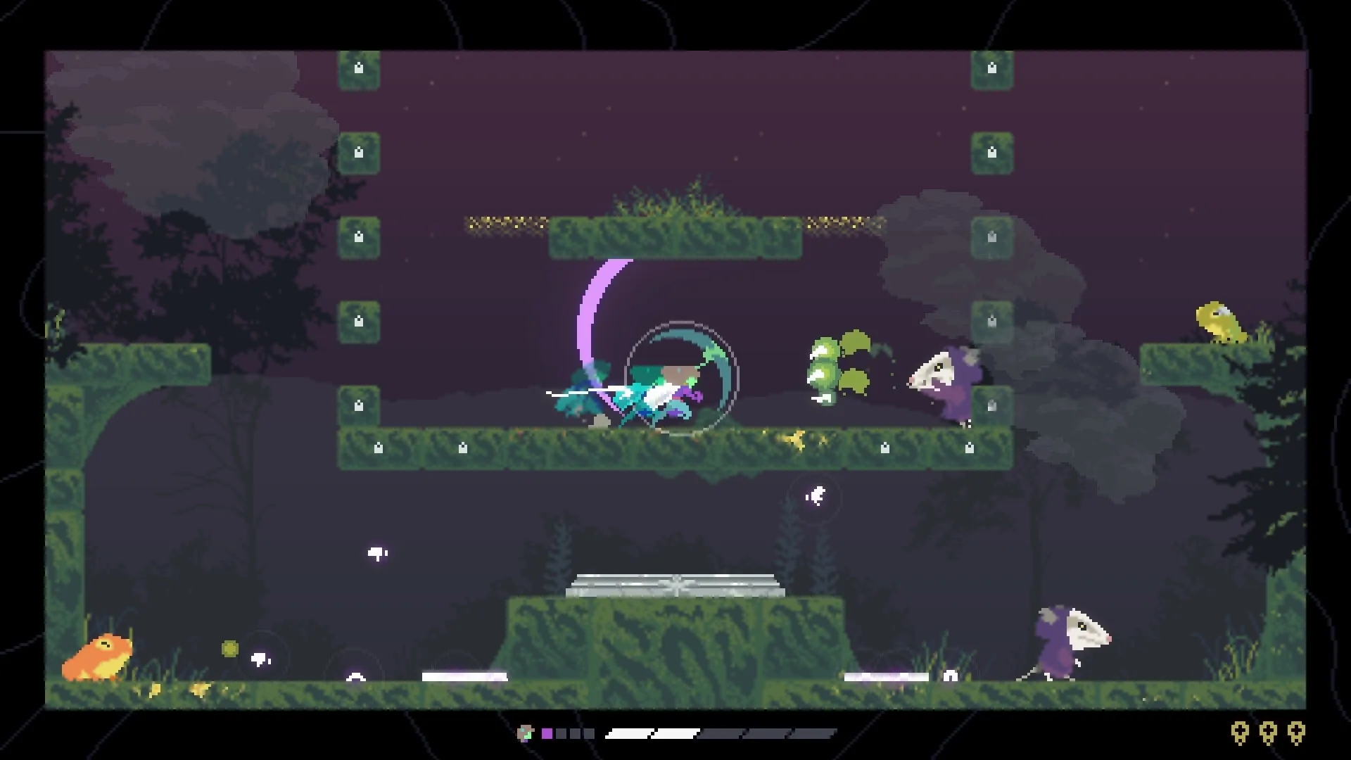 Dragenas: Dragonfly fairy mid-air attack against enemies on mossy platforms in a moonlit swamp setting