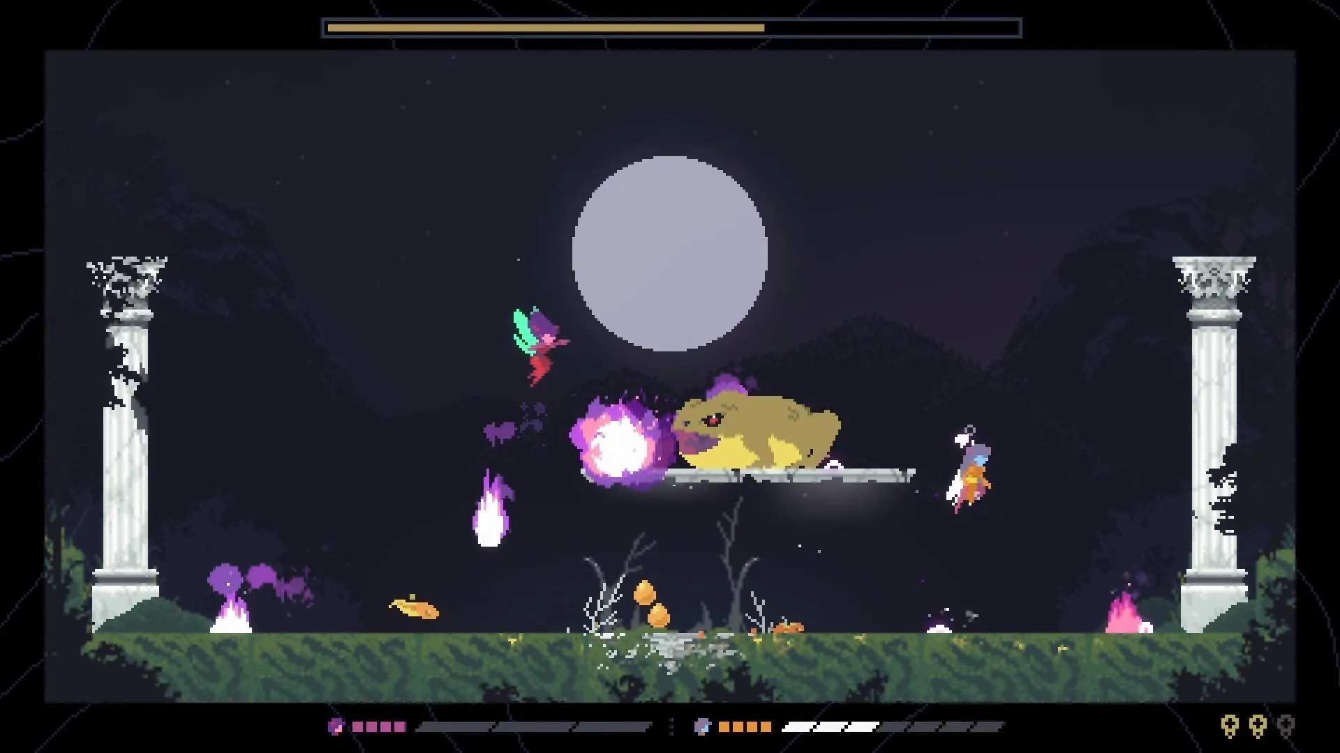 Dragenas: Dragonfly fairy battling a large frog under full moon in ancient ruin setting.