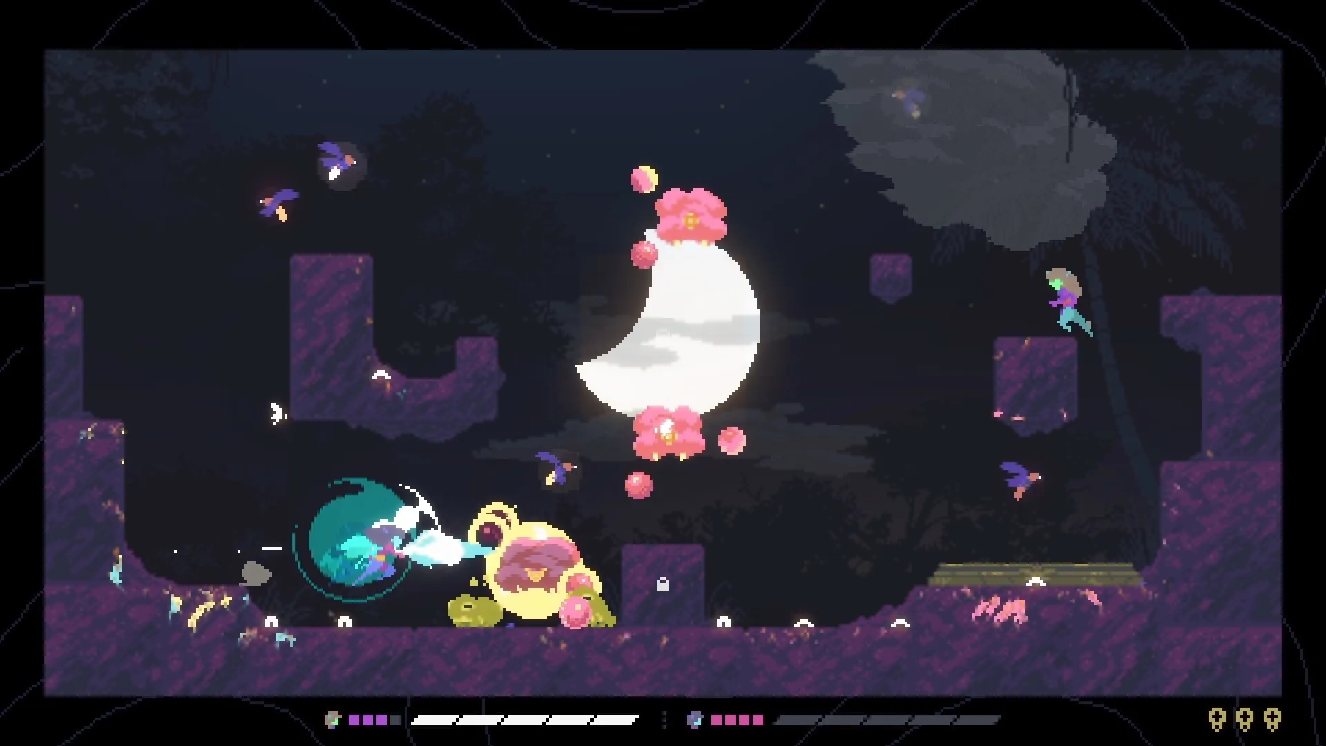 Dragenas: Dragonfly fairies battle monsters under a full moon in the Sacred Swamp platforming level.