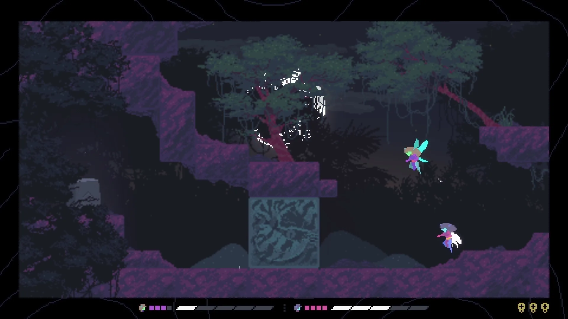 Dragenas: Two dragonfly fairies navigate a moonlit, mystical swamp with UI health bars at the bottom.