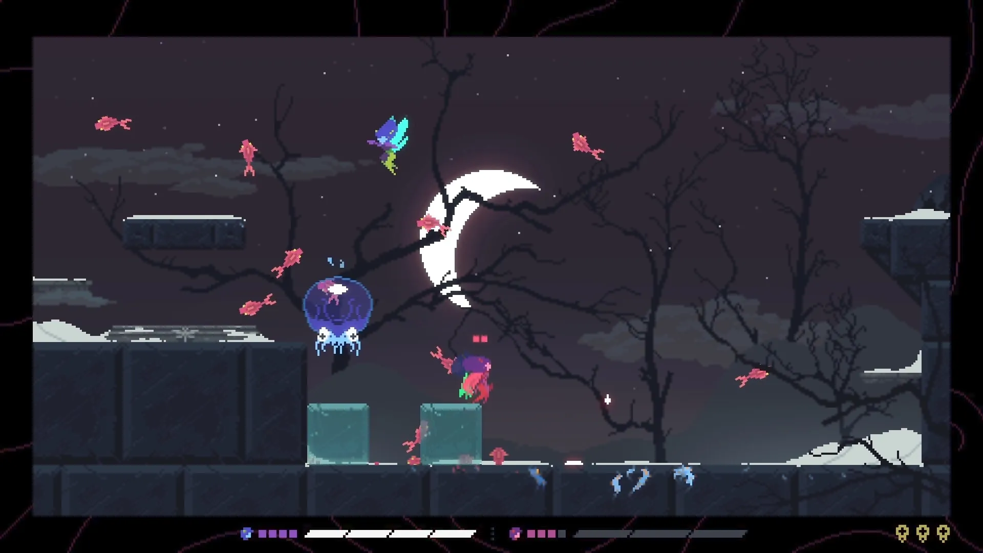 Dragenas: Dragonfly fairy jumps over platforms under full moon with pink spirits in Sacred Swamp