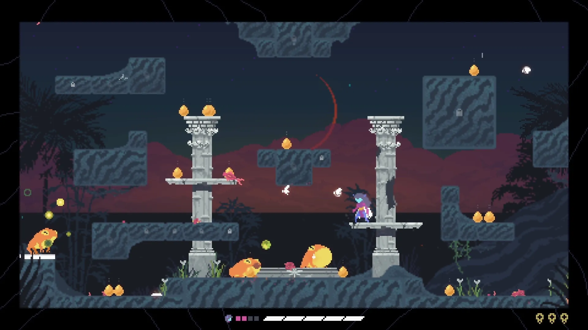 Dragenas: Fairy character platforming on ancient ruins with glowing orbs and large frogs in twilight swamp.