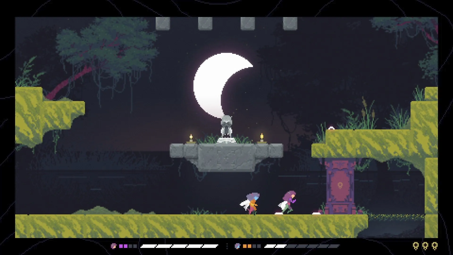 Dragenas: Two dragonfly fairies explore moonlit swamp platform with a statue under crescent moon.