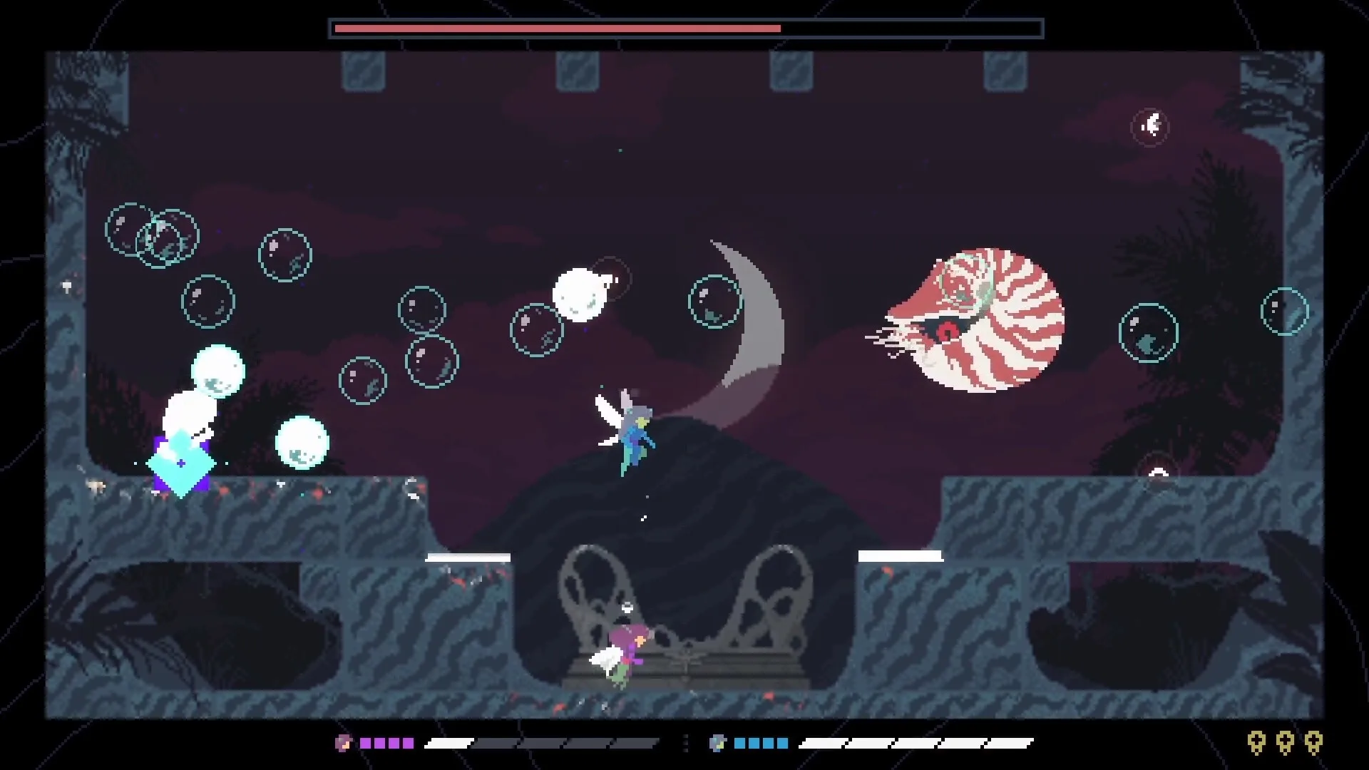 Dragenas: Dragonfly fairies battling nautilus monster under crescent moon in dark, mystical swamp