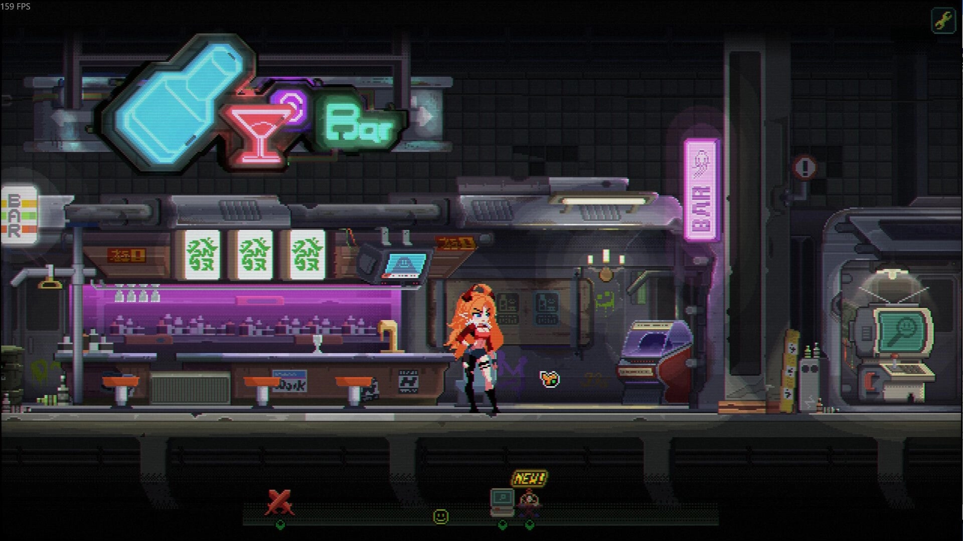 龙与麻雀 Dragon & Mahjong: Red-haired heroine stands by neon Bar counter in gritty cyberpunk street hub scene.