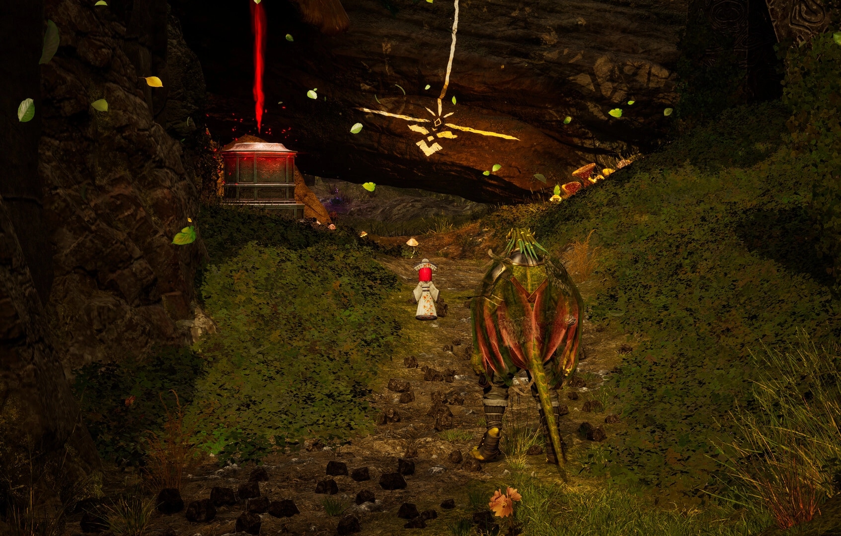 Dragon Khan: Botu and companion approach glowing portal in lush forest path with falling leaves