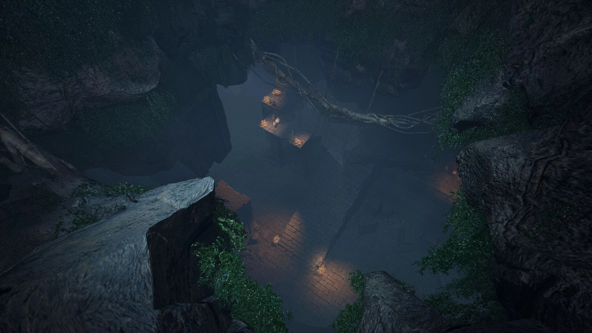 Dragon Khan: Overhead view of dimly lit ancient ruins with stone platforms and lush vegetation