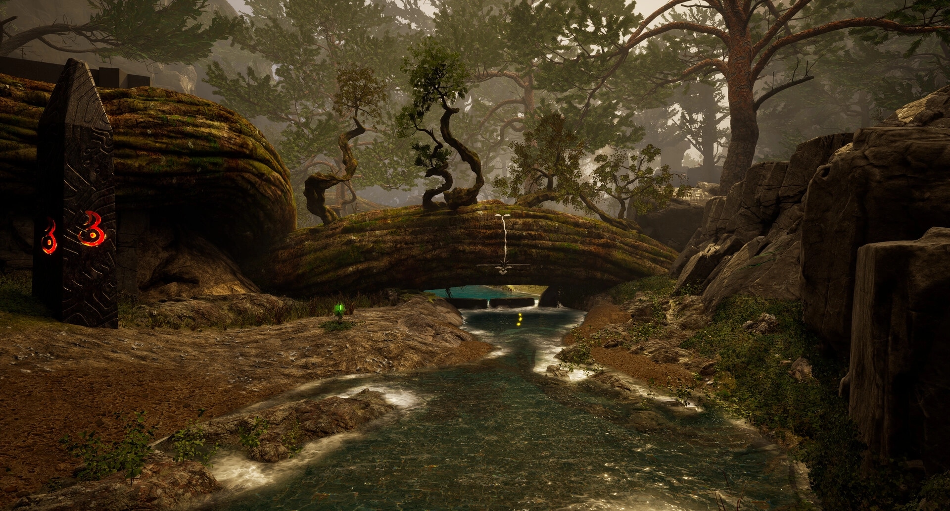 Dragon Khan: Enchanted forest with glowing obelisk and a winding river beneath a mossy stone bridge