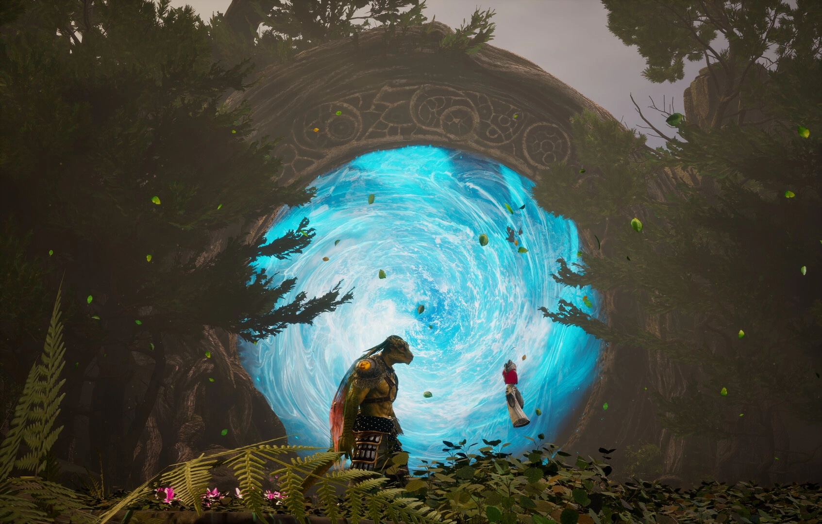 Dragon Khan: Botu stands before a swirling blue portal in a lush forest, leaves floating around.
