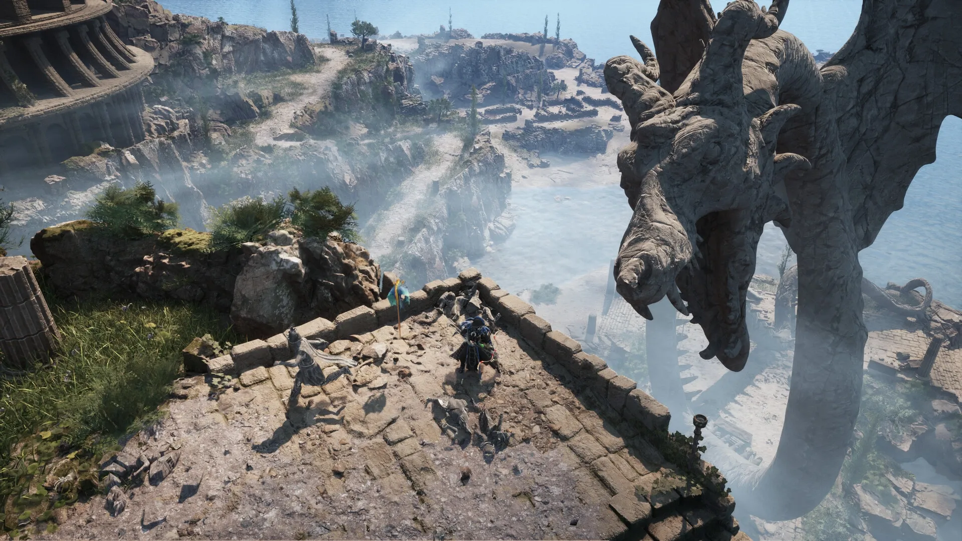 Dragonkin: Two heroes stand on a cliffside platform overlooking a vast coastal landscape with a dragon statue.