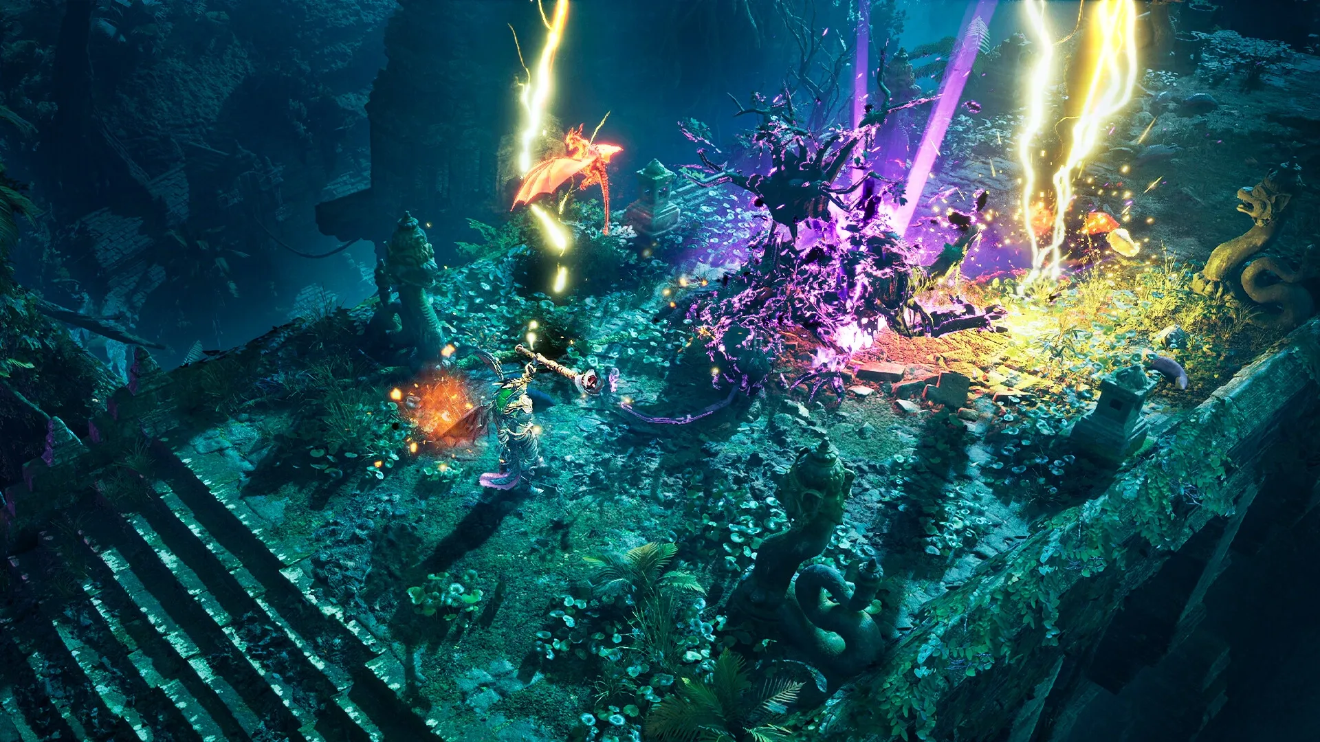 Dragonkin: Hero battling enemies with magic and lightning in an ancient forest ruins environment