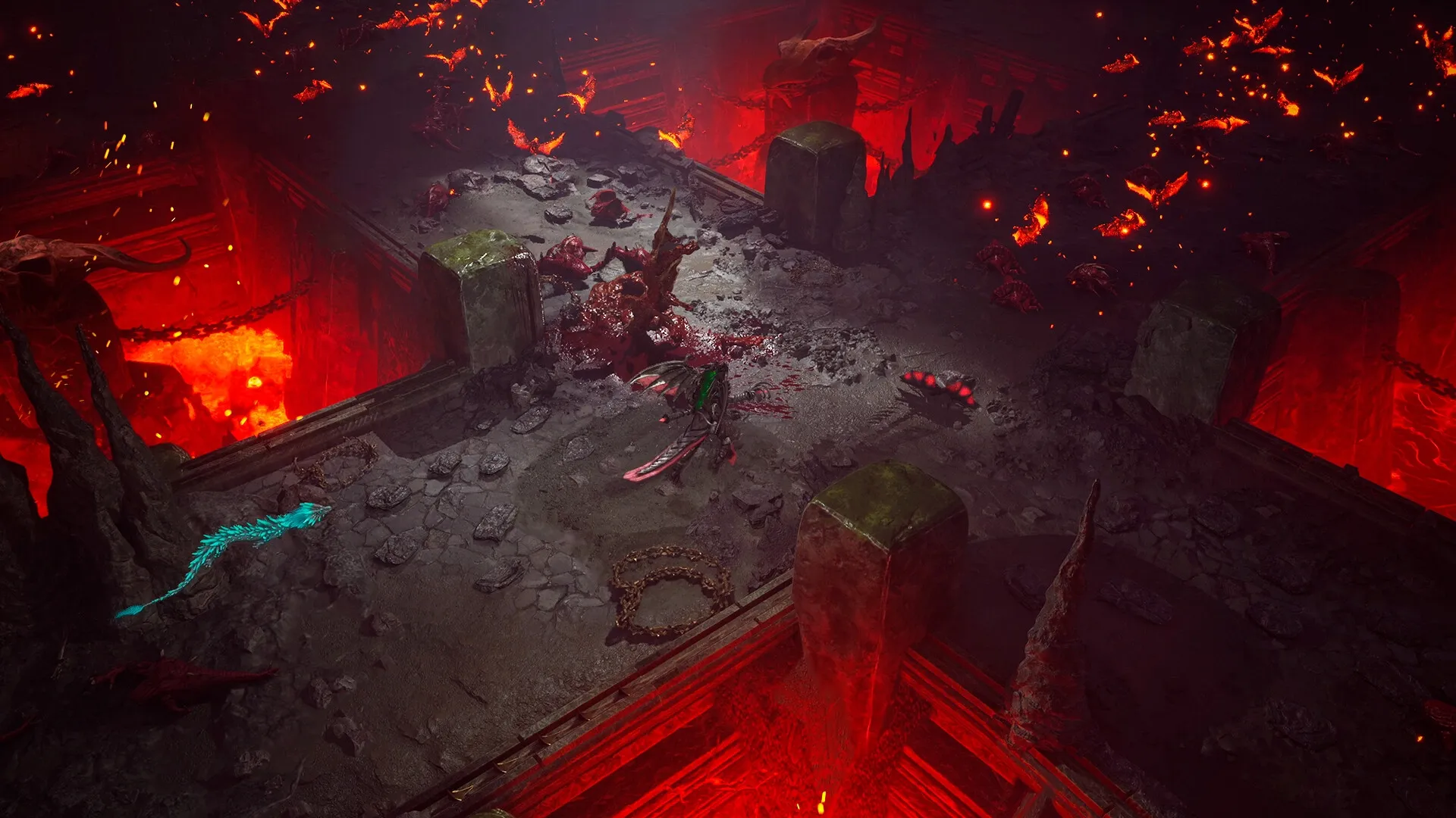 Dragonkin: Hero battles enemies in a fiery dungeon with lava and scattered debris in the environment