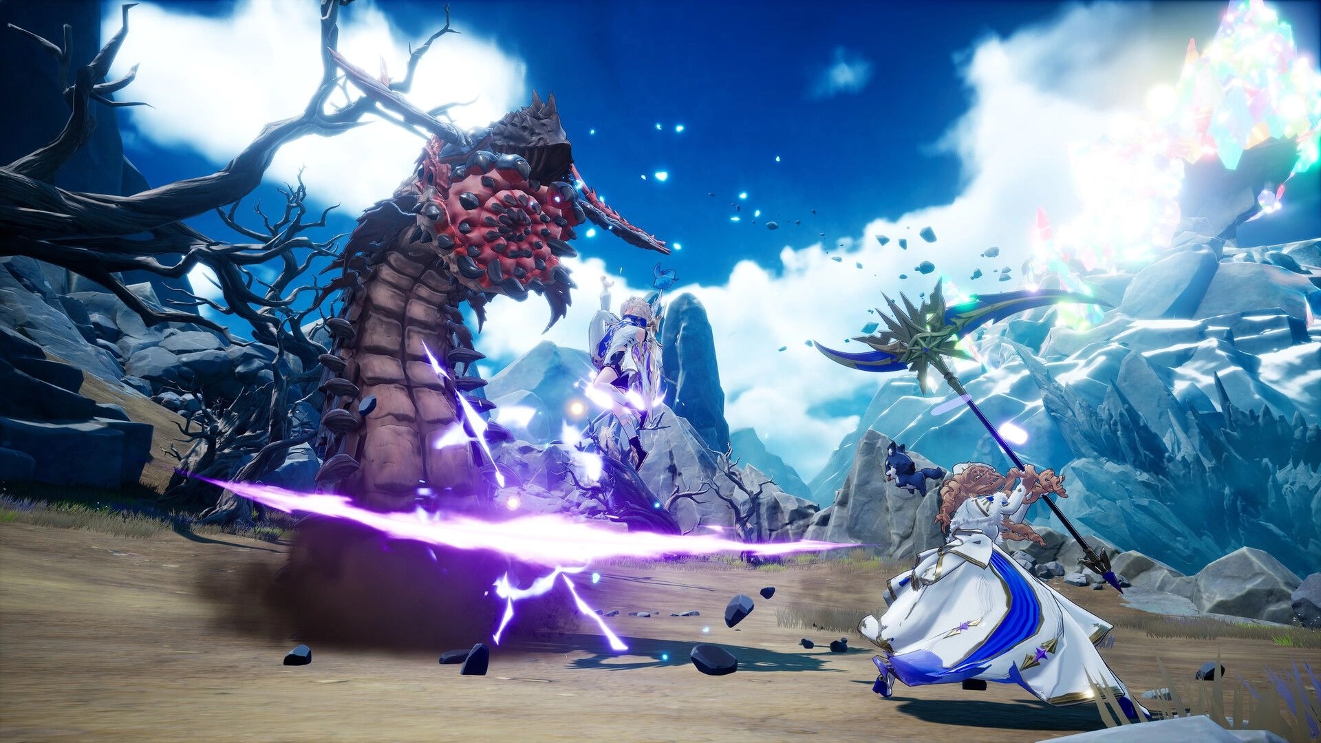 DragonSword: Mage ally unleashes purple slash at towering monster in rocky canyon with crystals and clouds.
