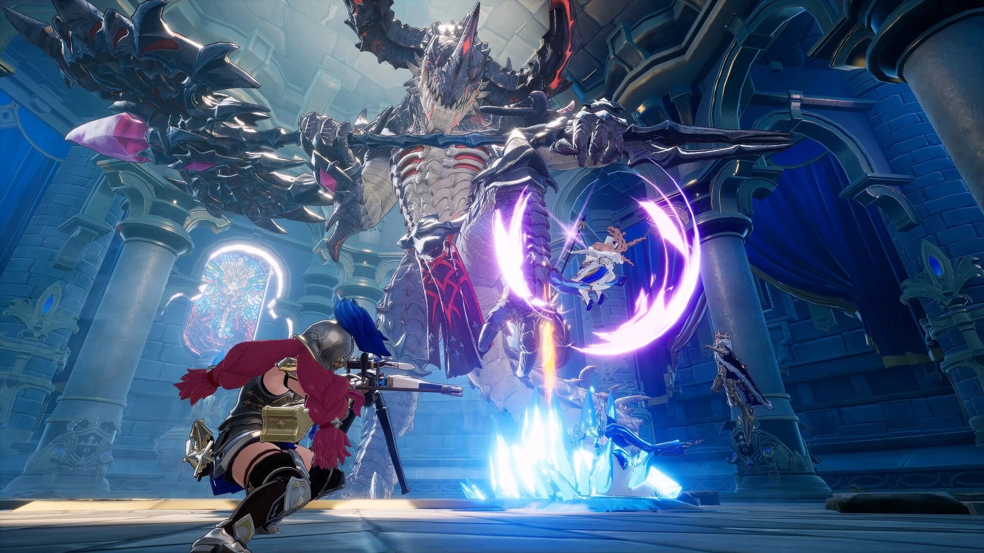 DragonSword: Party battles towering dragon boss with magic slashes inside a grand cathedral hall.