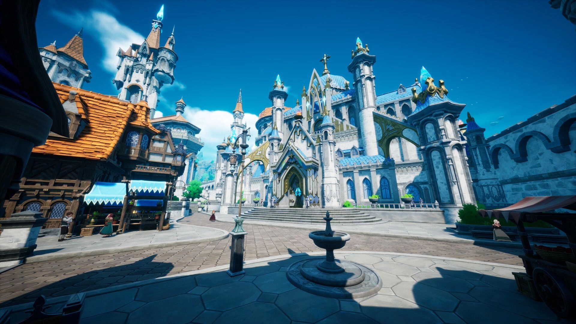 DragonSword: Town plaza view with market stalls and fountain before a grand cathedral under blue skies.