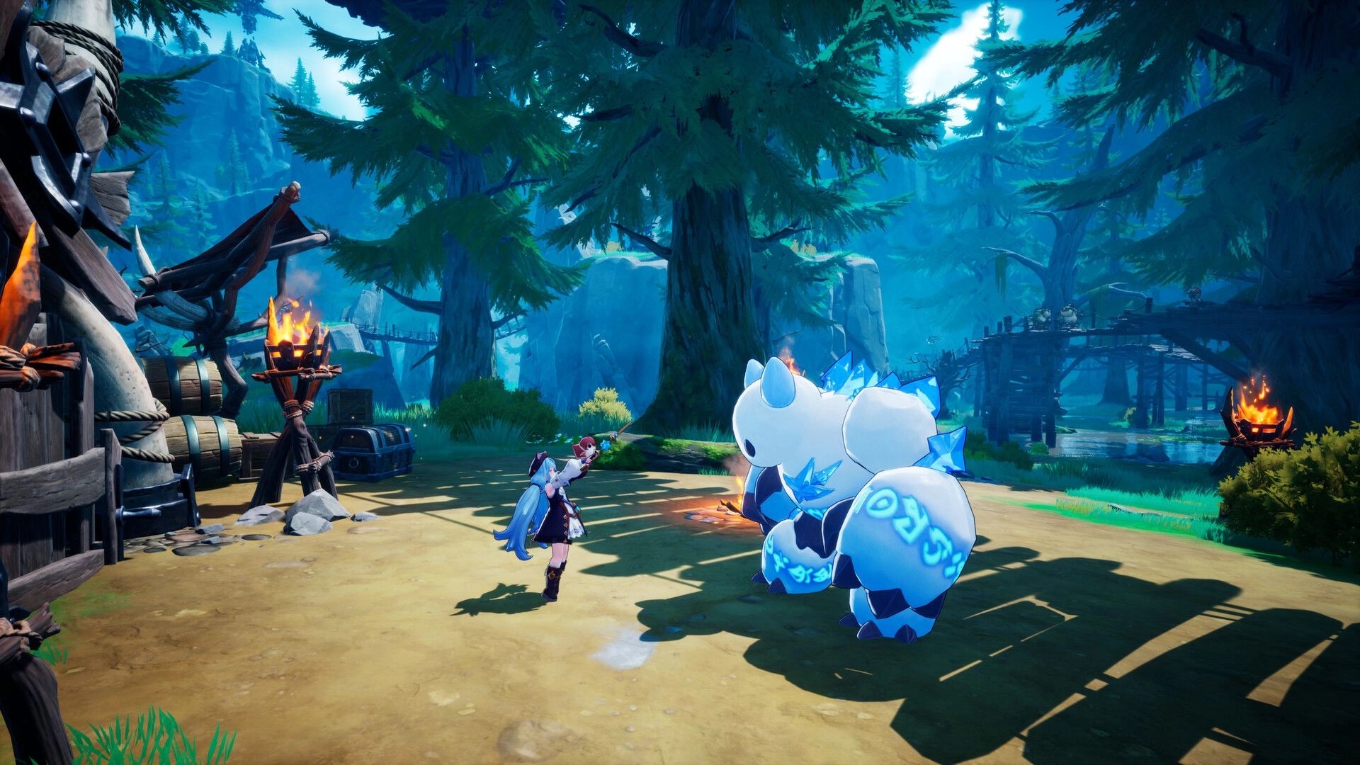 DragonSword: Mage companion faces a glowing ice beast in a forest camp with torches and bridge.