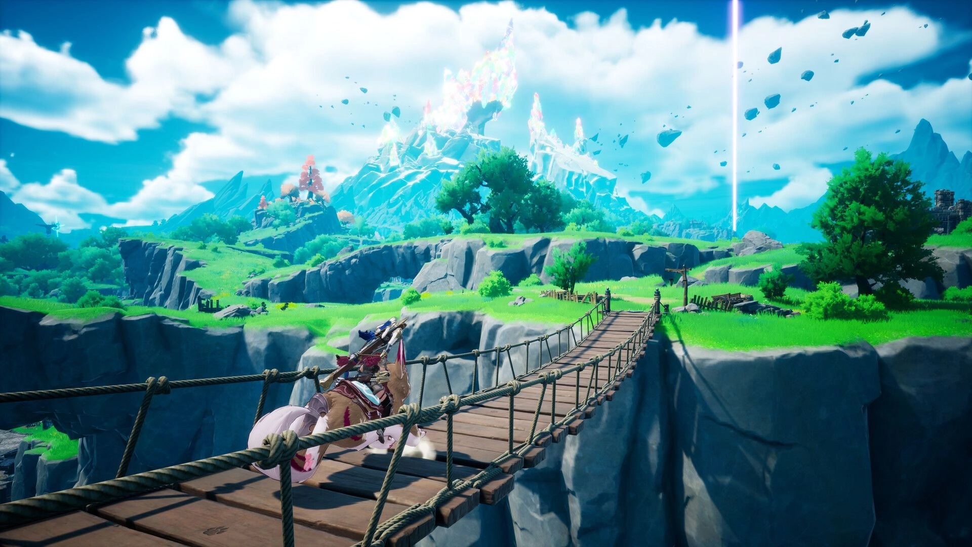 DragonSword: Mounted adventurer crossing a rope bridge over cliffs toward a glowing crystal mountain vista.