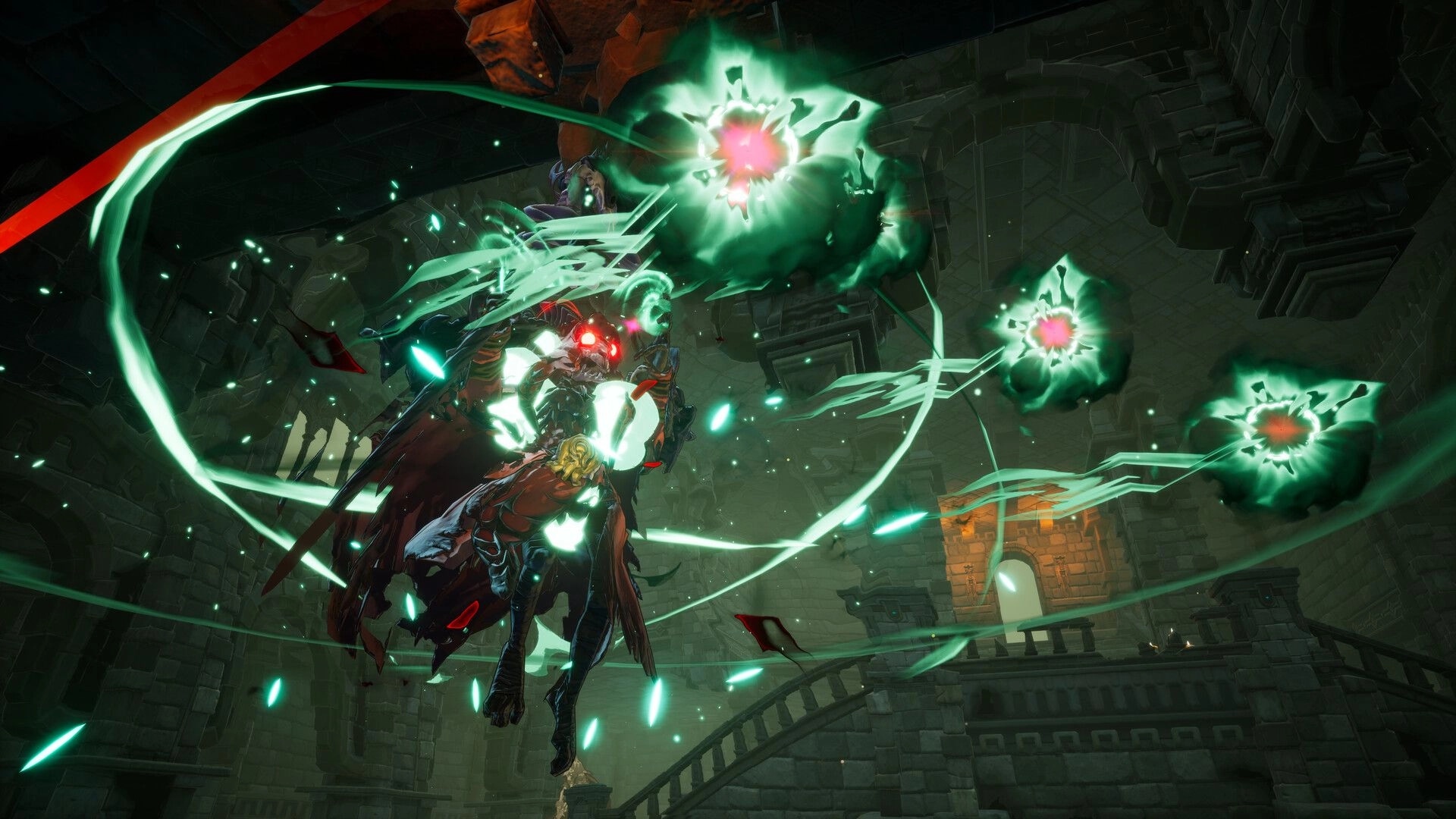 DragonSword: Armored boss unleashes green energy orbs and slashes inside a ruined stone dungeon hall.