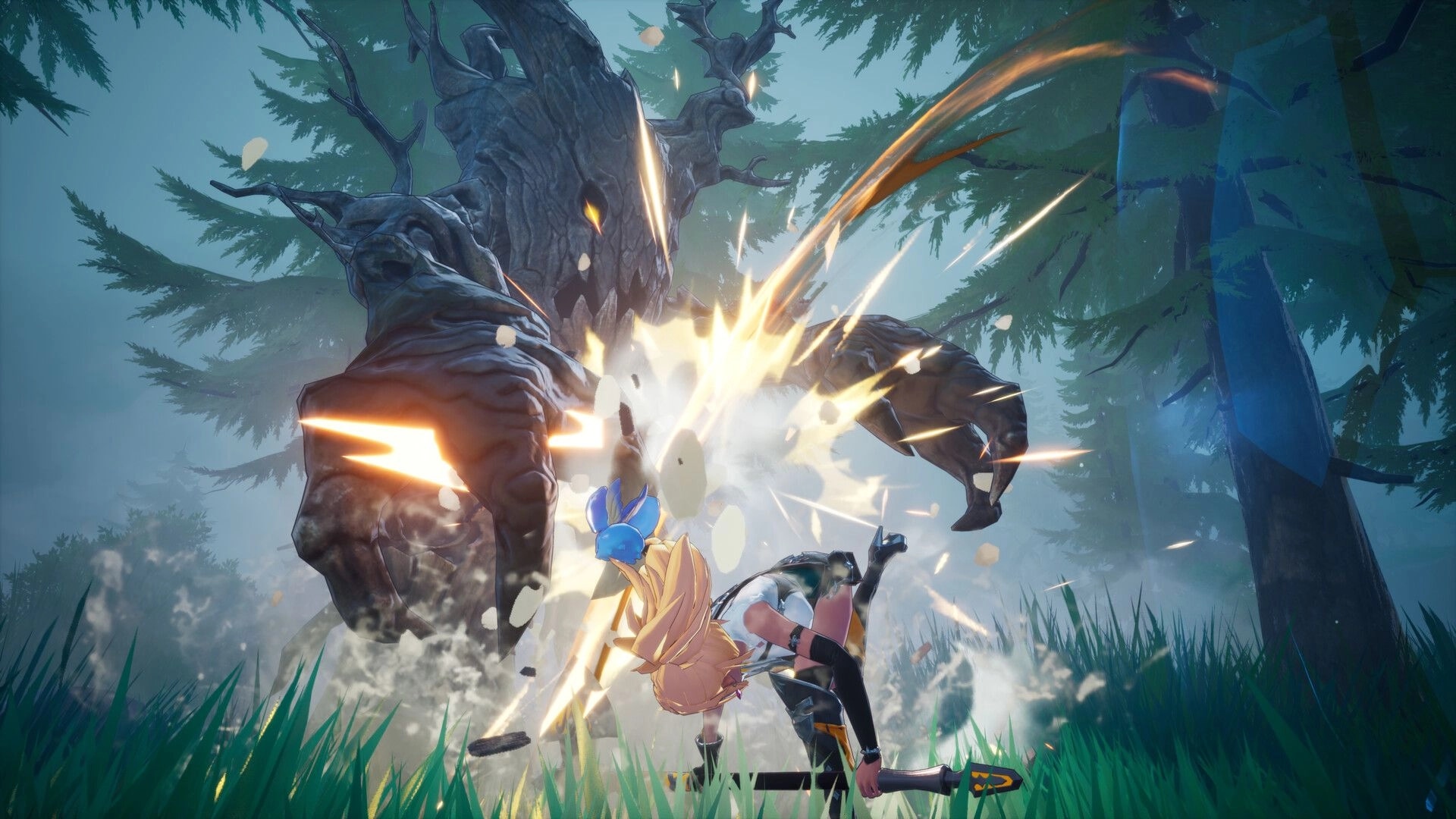 DragonSword: Hero lands a sword strike on a towering stone golem in a misty pine forest clearing.