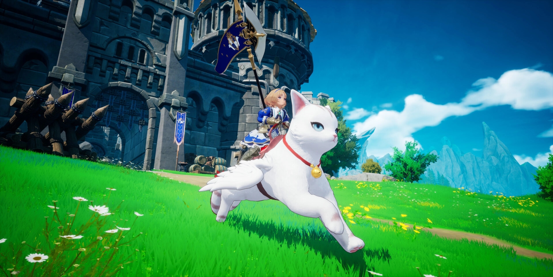 DragonSword: Knight rides a giant white winged cat past a stone castle gate on sunny green fields.