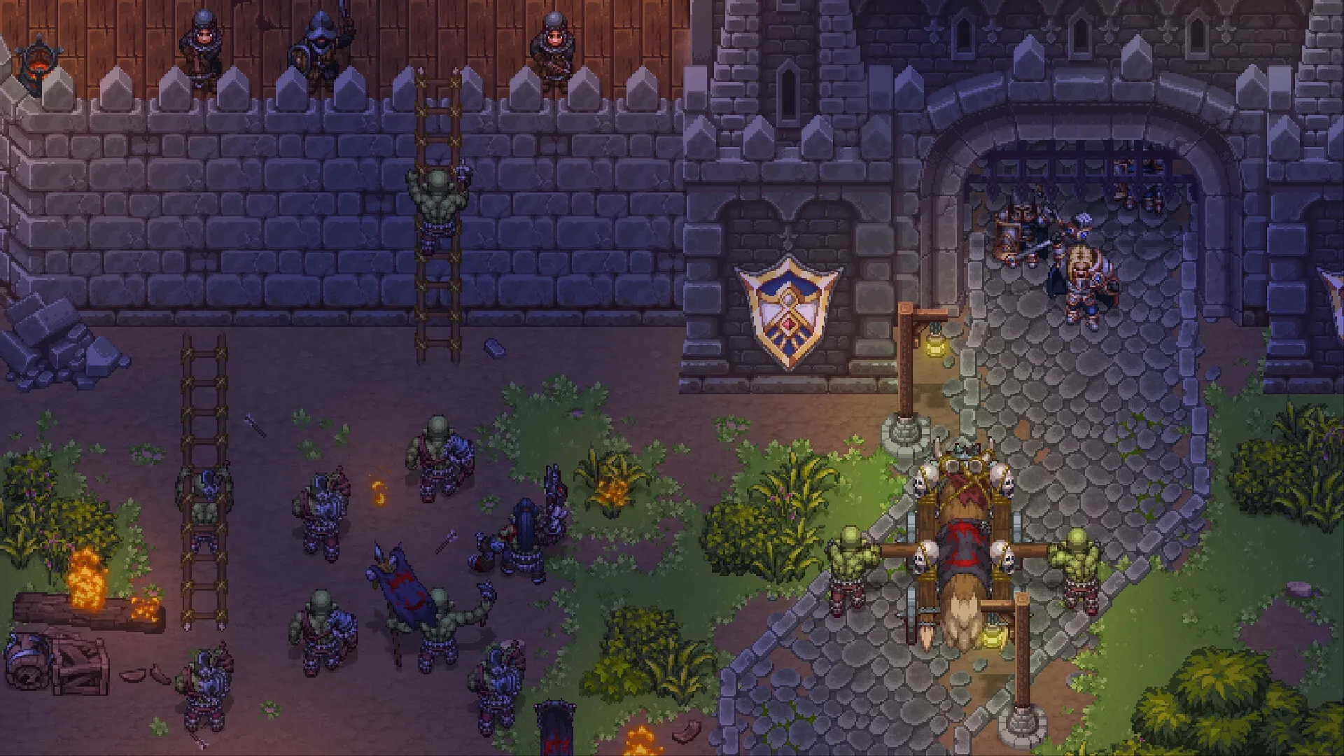 Drakantos: Orcs scaling castle walls with ladders, defenders preparing at the gate in pixel art style.