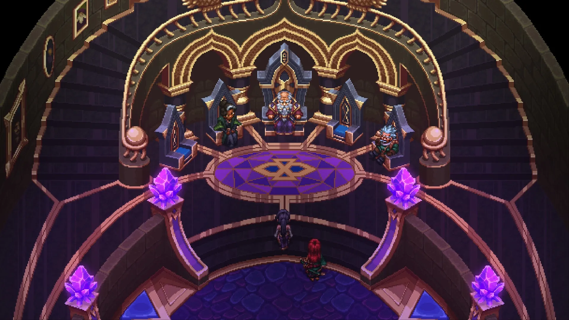 Drakantos: Council meeting in ornate chamber with characters seated around a purple crystal-lit table