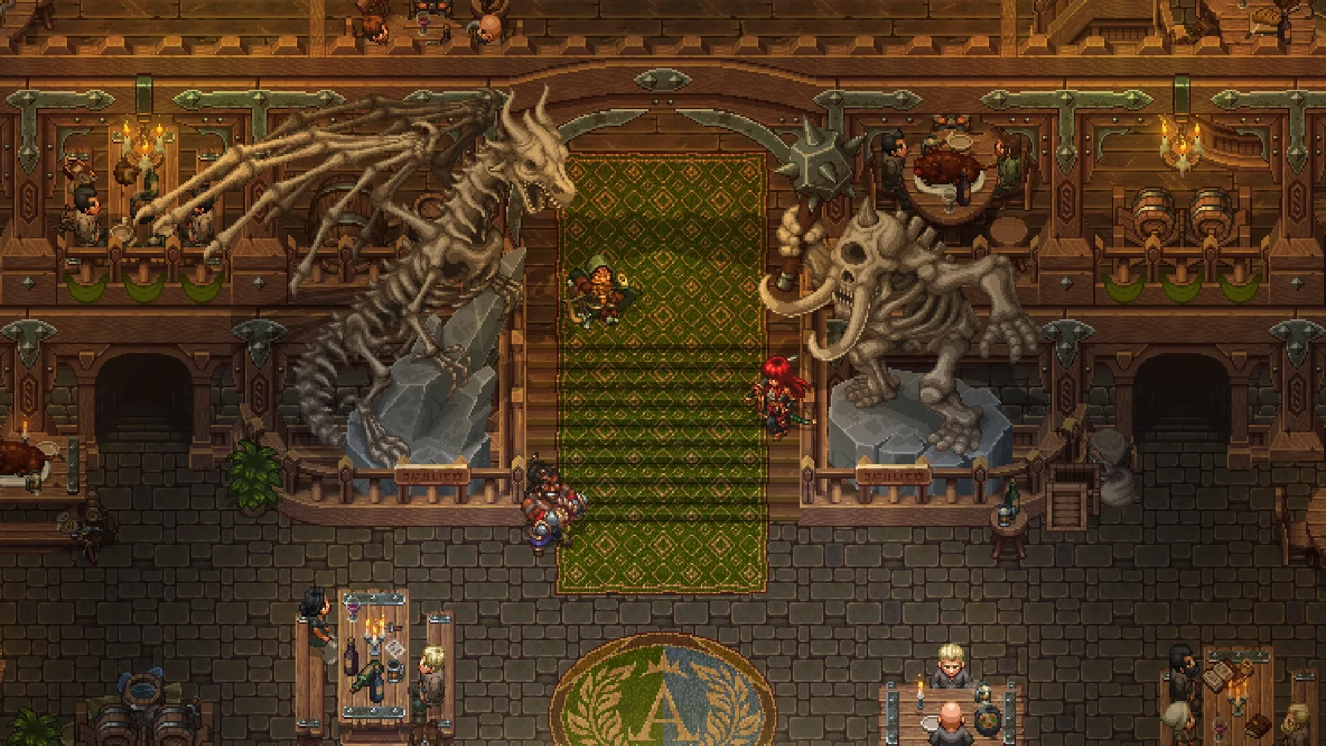 Drakantos: Main hall with dragon and mammoth skeletons, characters dining and conversing around tables.