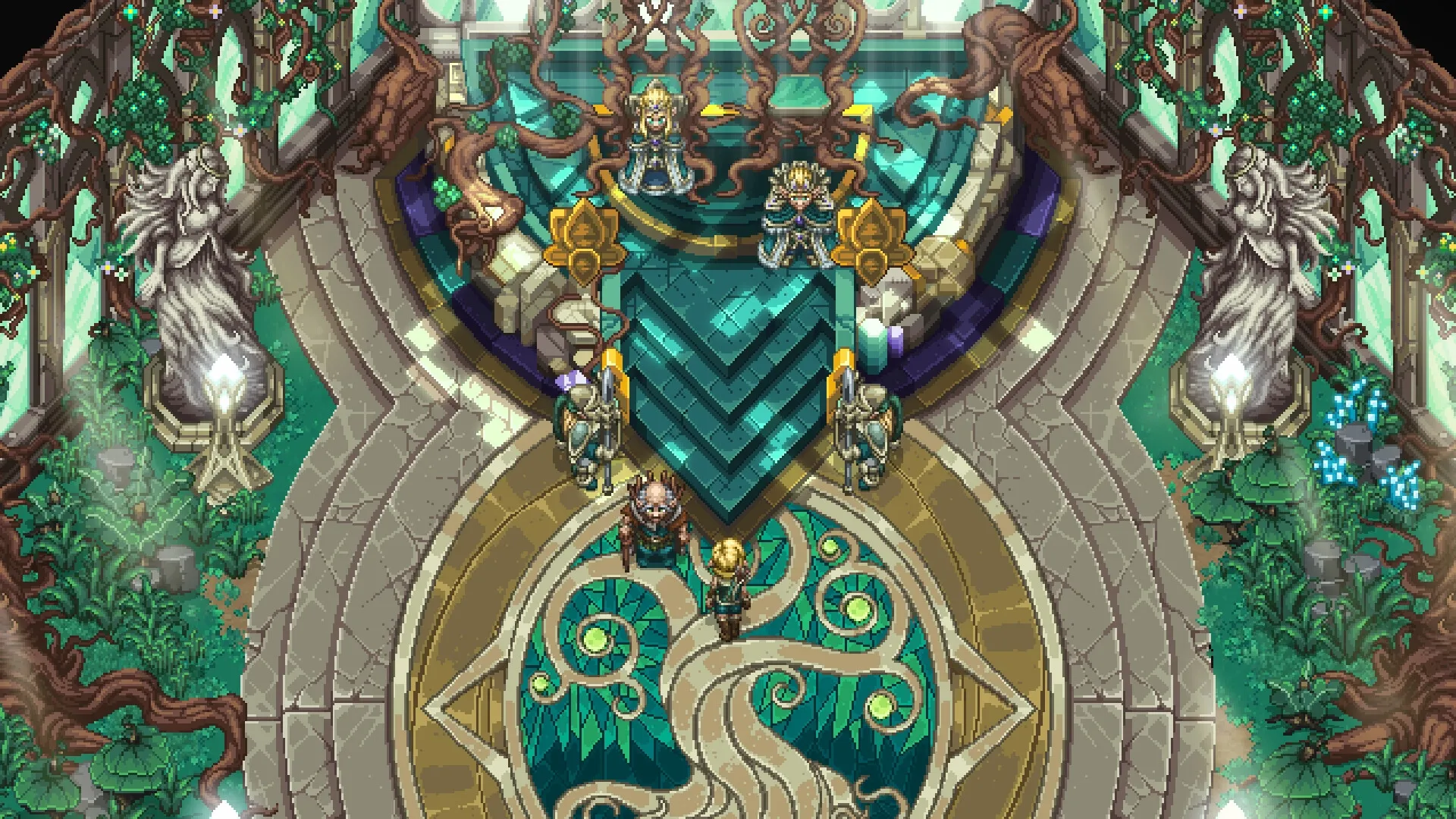 Drakantos: Two characters approach a throne room, surrounded by mystical statues and intricate mosaics.