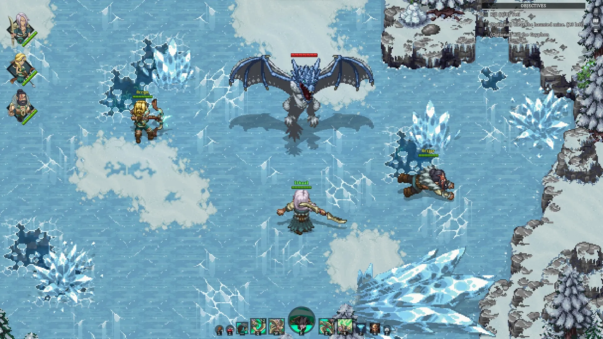 Drakantos: Heroes Arlyn and Urigor battle a dragon on icy terrain with objectives displayed on the side.