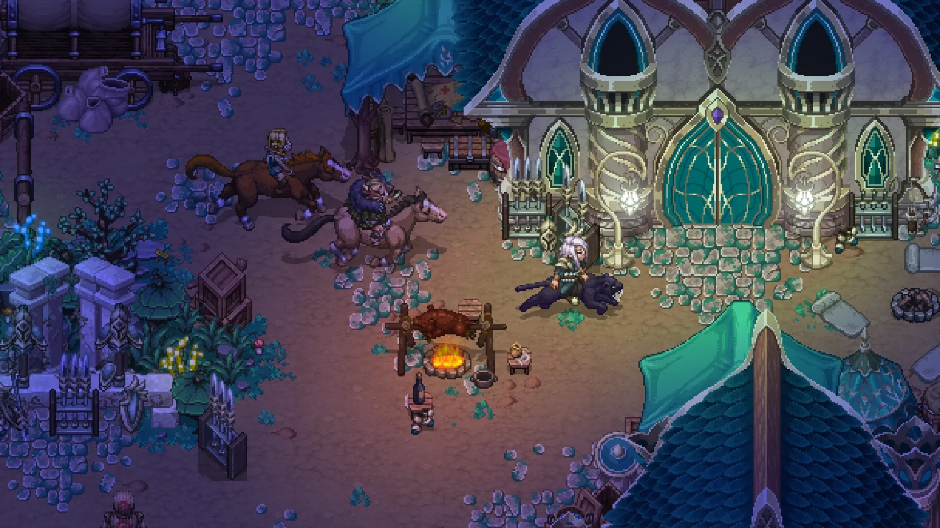 Drakantos: Adventurers on horseback gather in front of a grand building with glowing teal doors