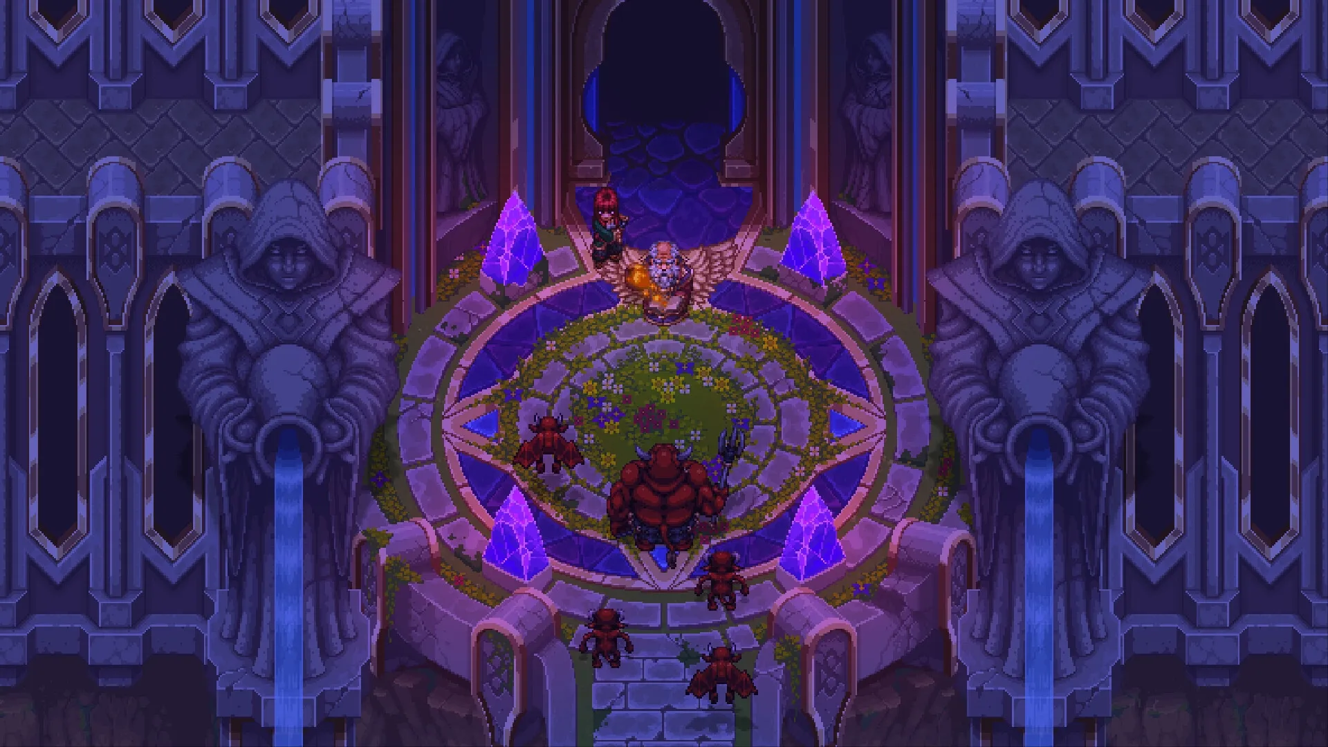 Drakantos: Hero stands on mystical stone circle surrounded by statues and glowing crystals in a temple.