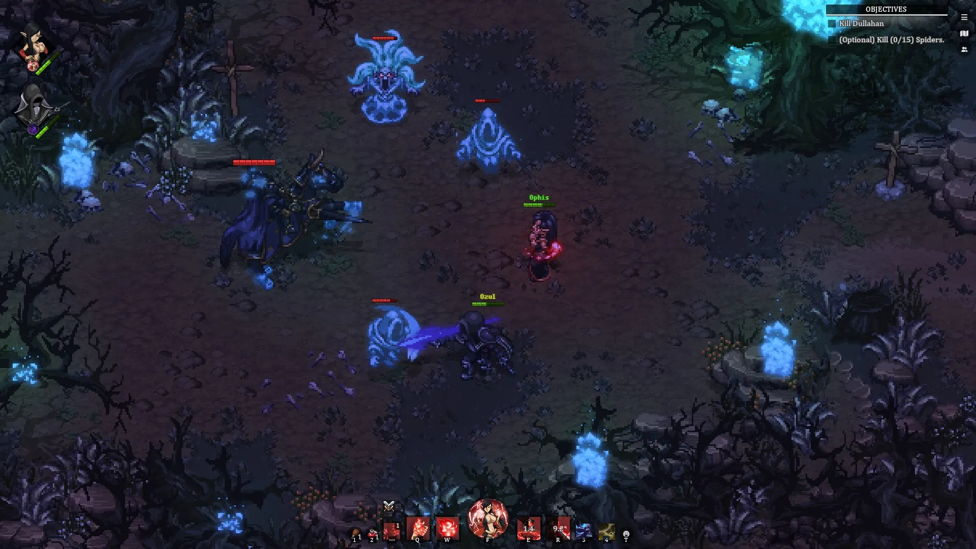 Drakantos: Characters Ophis and Ozul battle spectral foes in a dark, enchanted forest setting.