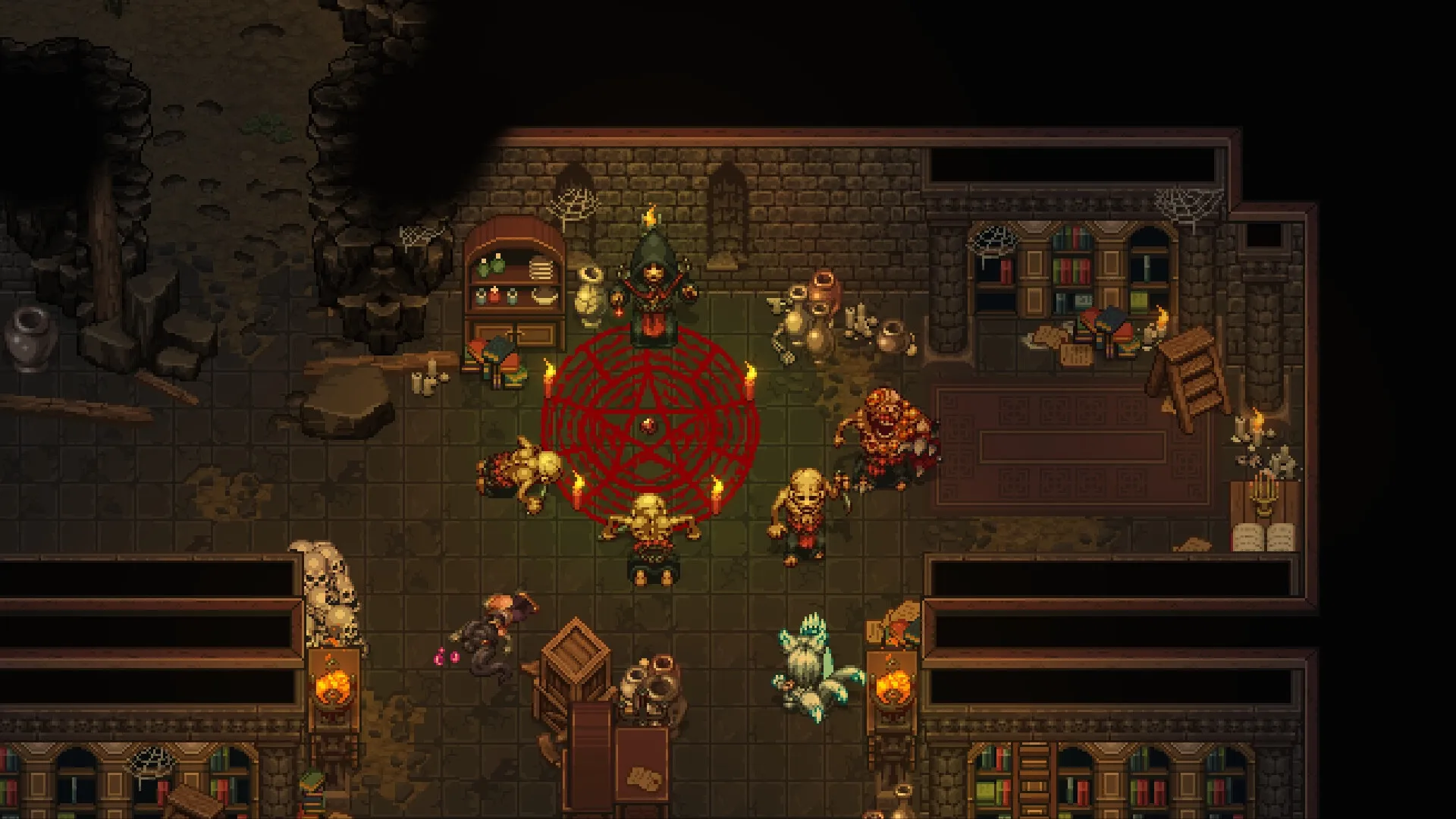 Drakantos: Dark ritual scene with robed figure and monsters in a stone-walled chamber filled with books.