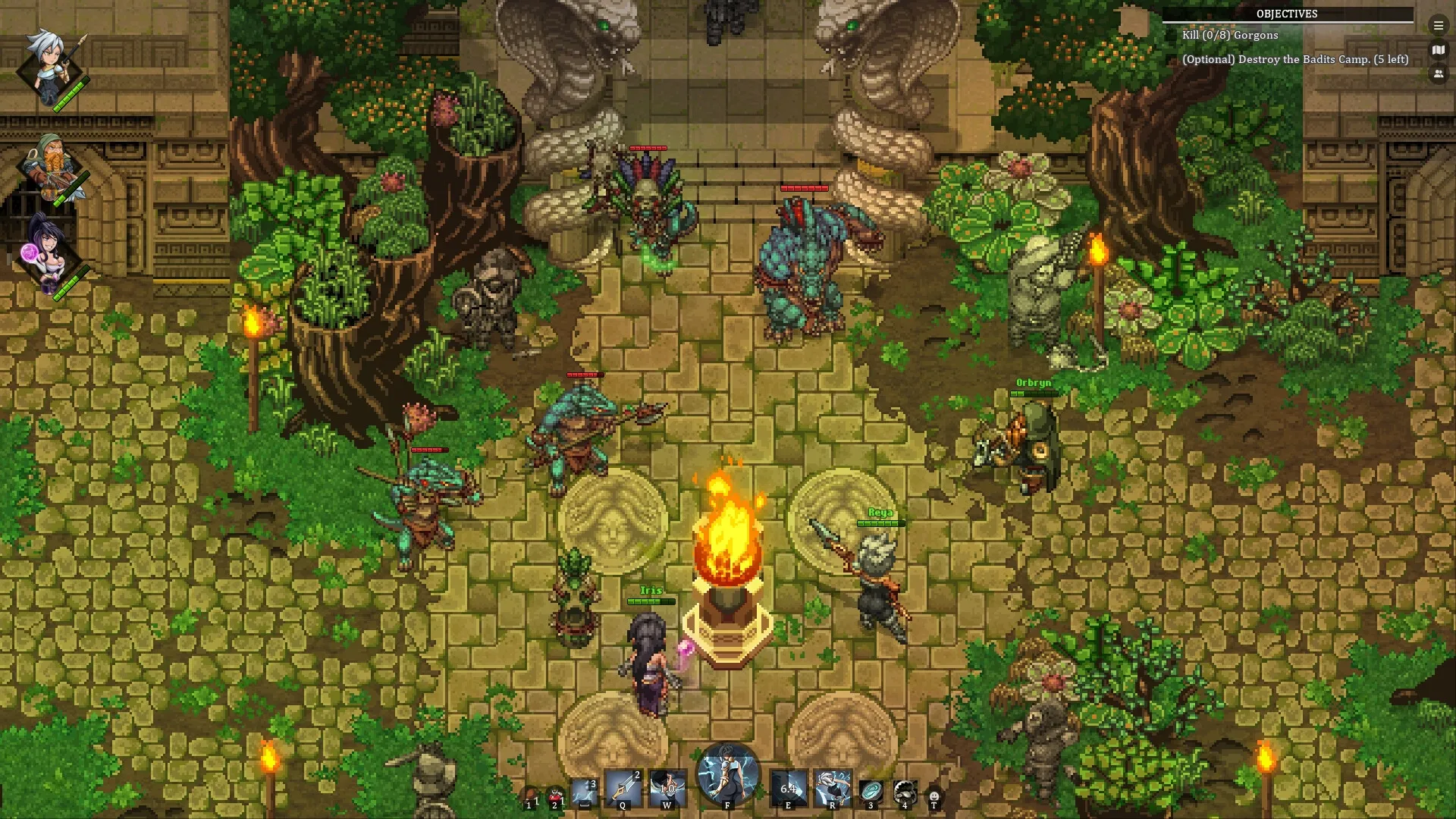 Drakantos: Combat scene with heroes Iris, Orbyn, and Reg fighting enemies in a lush temple courtyard