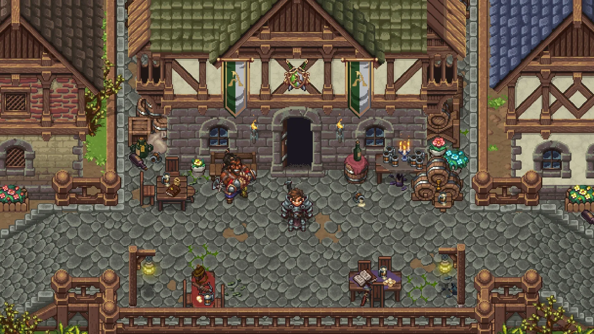 Drakantos: Character stands in a bustling village square with medieval architecture and lively NPCs.