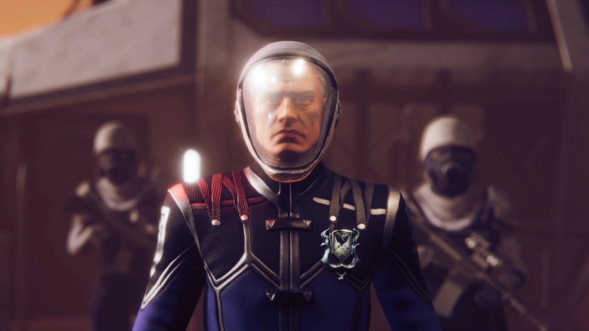 Drake Frontier: Main character in space suit with armed guards in a dimly lit spaceship interior.