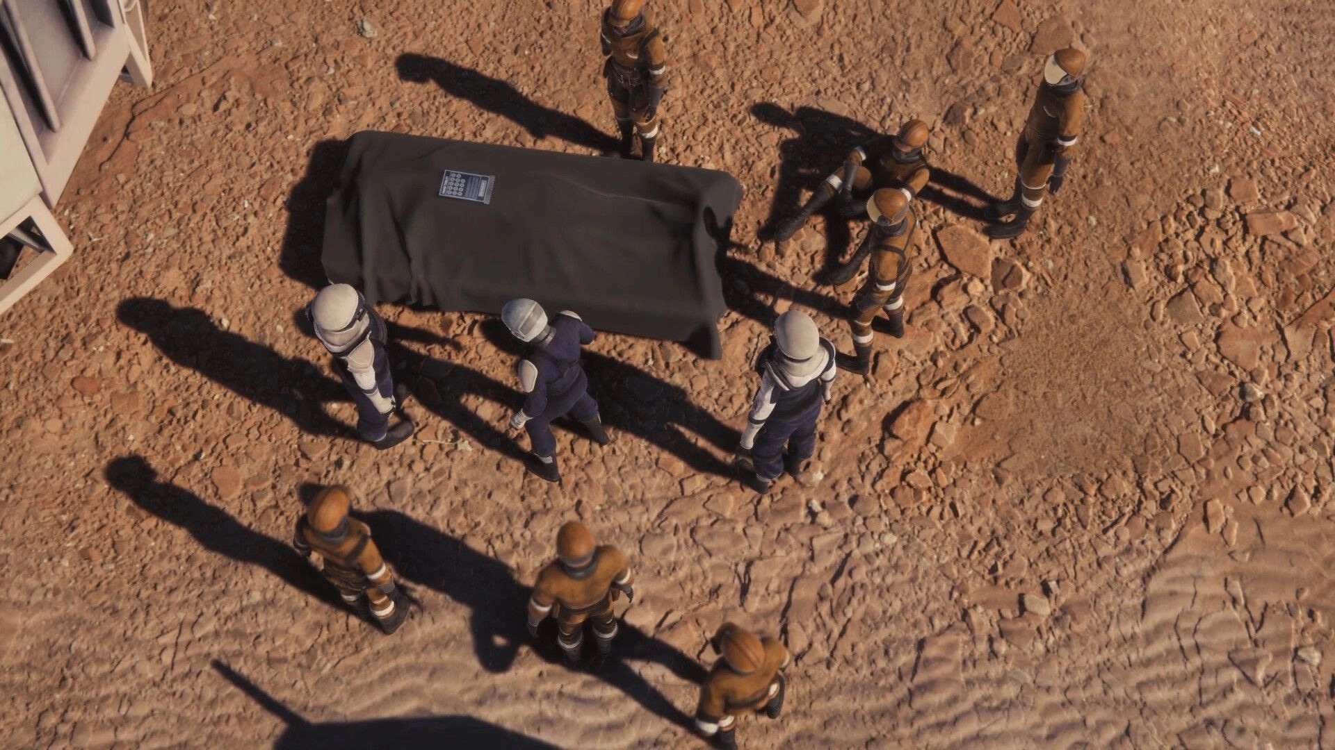 Drake Frontier: Characters gather around a covered body on a rocky surface in desert wasteland setting