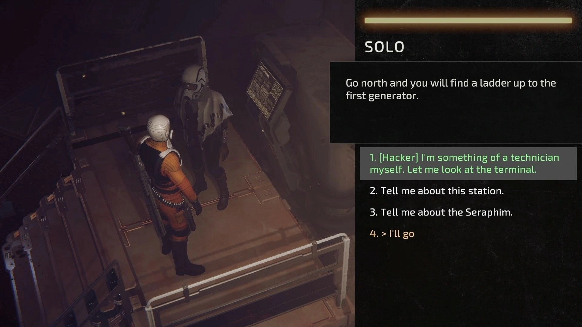 Drake Frontier: Two characters converse near a terminal, dialogue options on screen in dimly lit room.