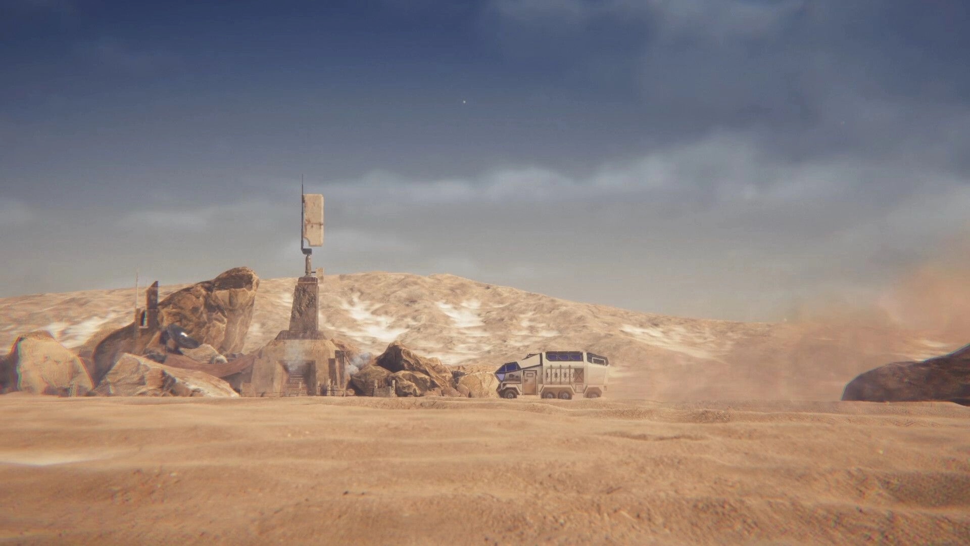 Drake Frontier: Desert outpost with a futuristic rover parked nearby under a vast, cloudy sky