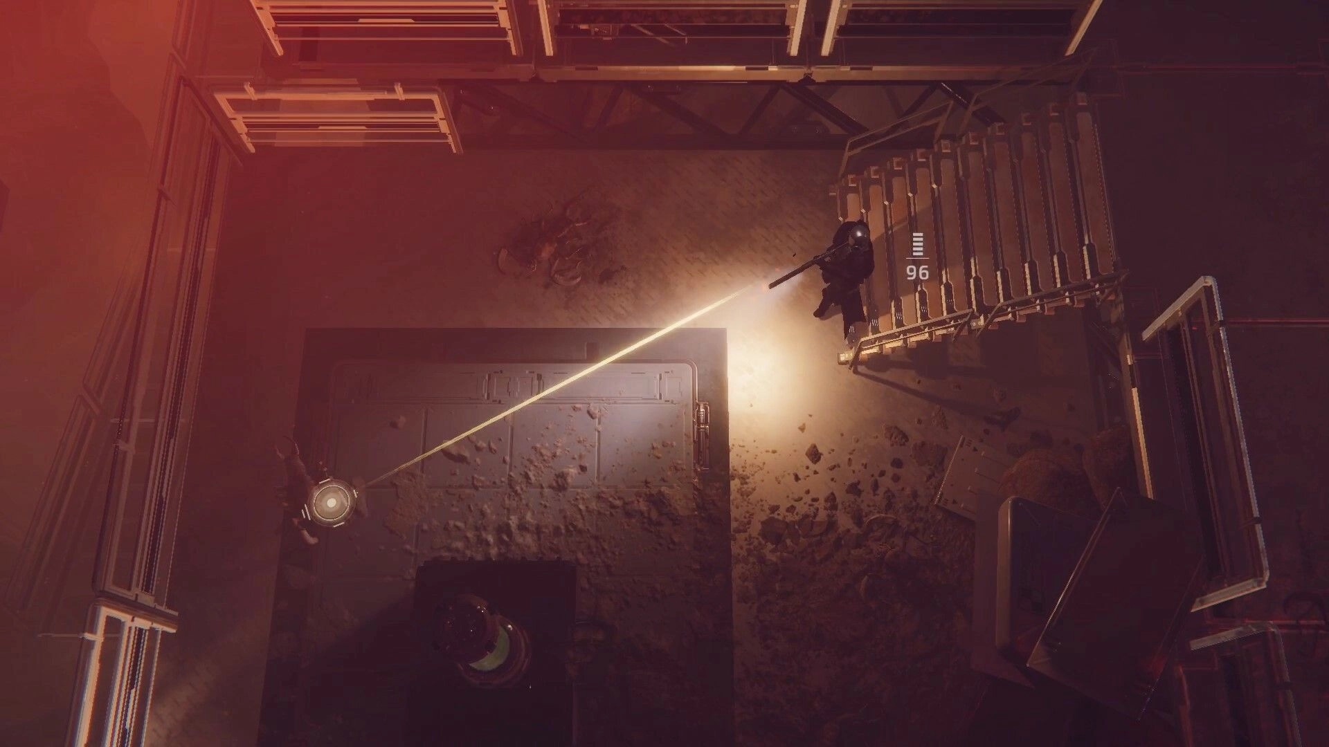 Drake Frontier: Player aiming laser gun at drone from staircase in dimly lit industrial environment