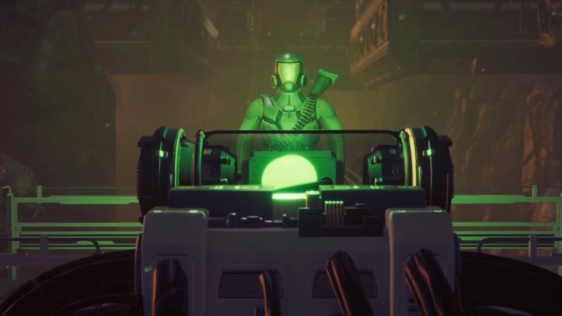 Drake Frontier: Armored character operating a futuristic console in a dimly lit industrial space