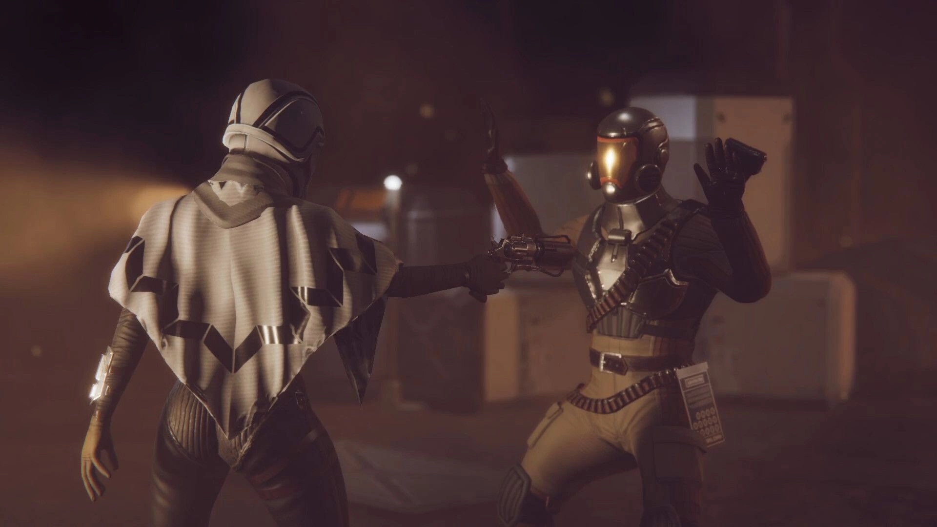 Drake Frontier: Two armored characters in a tense standoff in a dimly lit, industrial environment