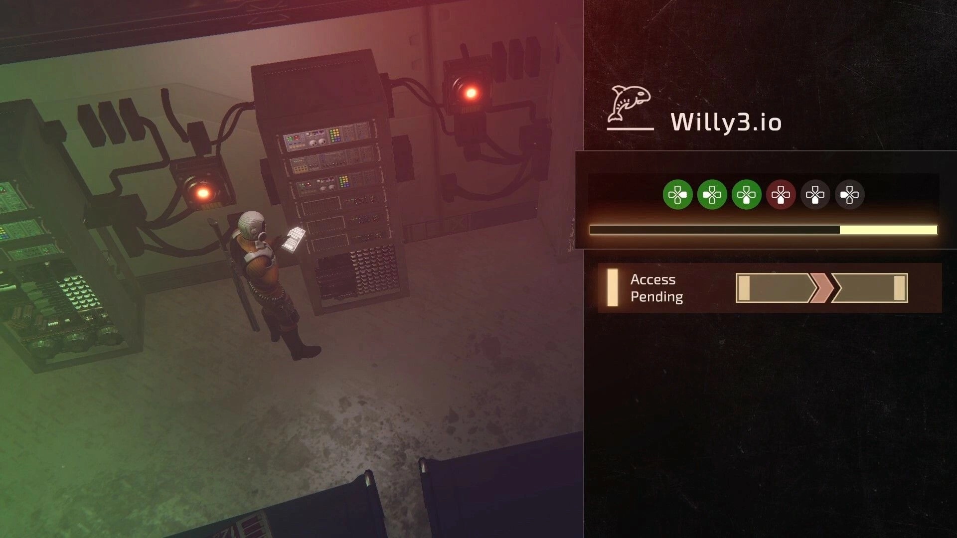 Drake Frontier: Character accessing server room terminal with pending access in dimly lit environment