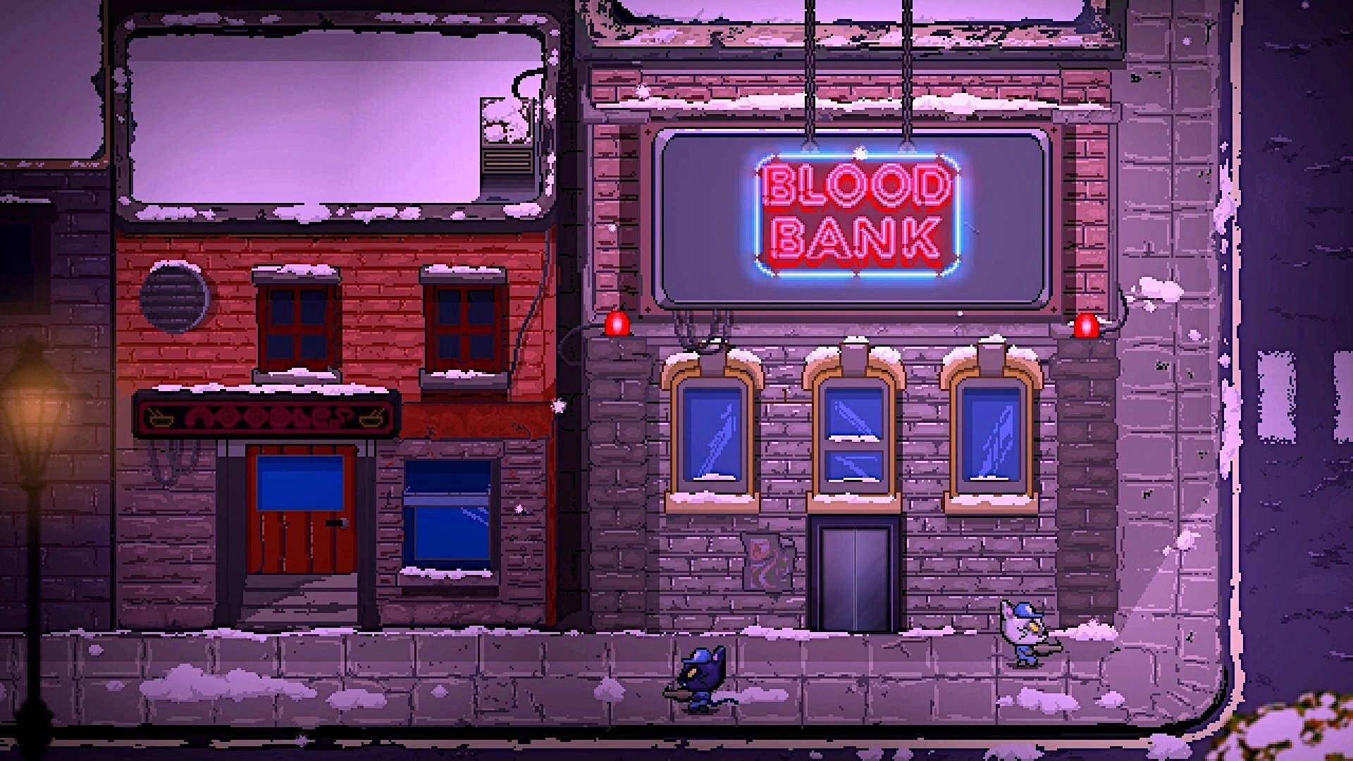 Drako: Two cat characters patrol a snowy street outside a building with a neon BLOOD BANK sign.