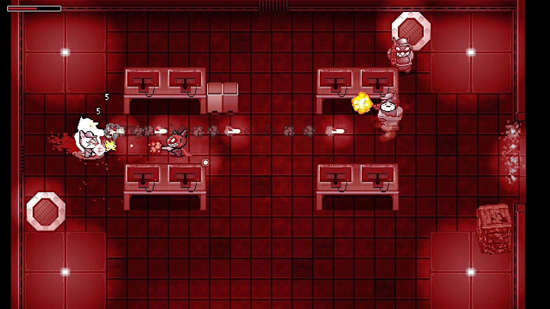 Drako: Top-down shootout with cat enemies and bullets flying in a red-tiled lab room with consoles.