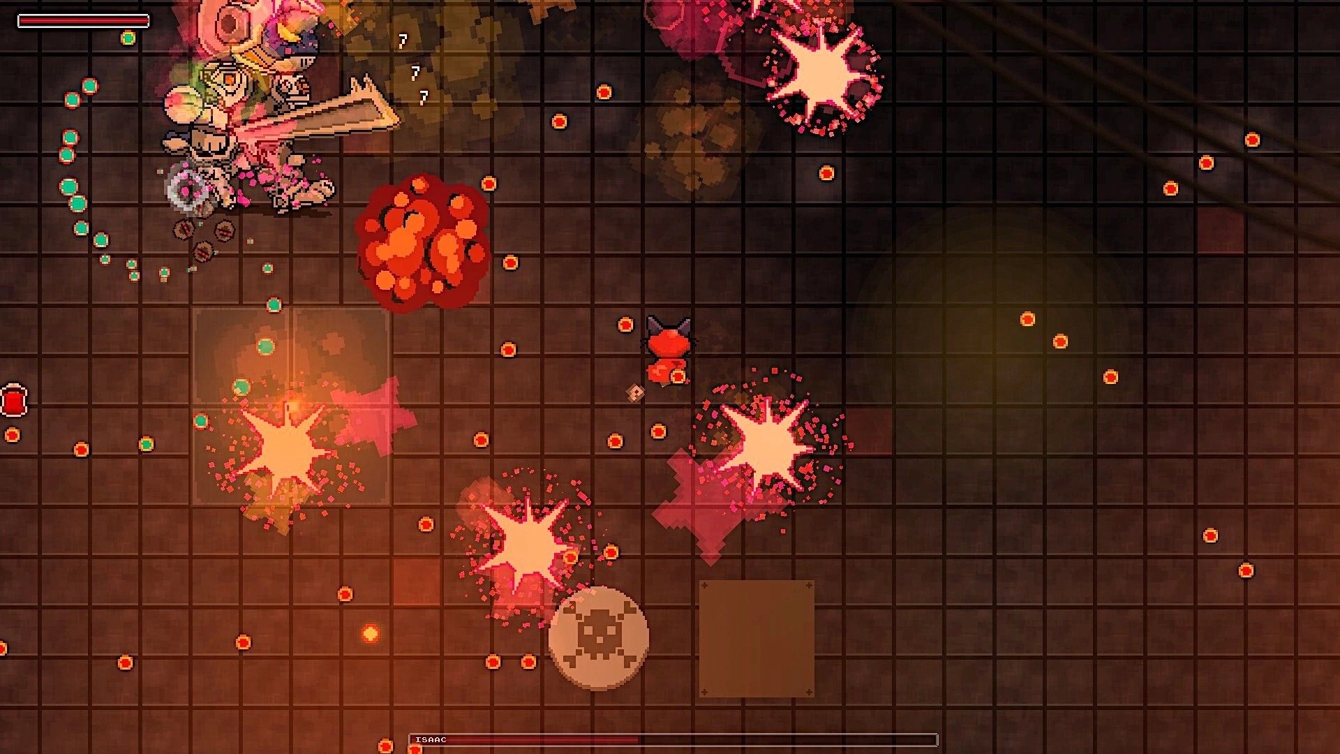 Drako: Top-down bullet-hell fight with cat hero dodging blasts on a tiled arena, HUD at top left.