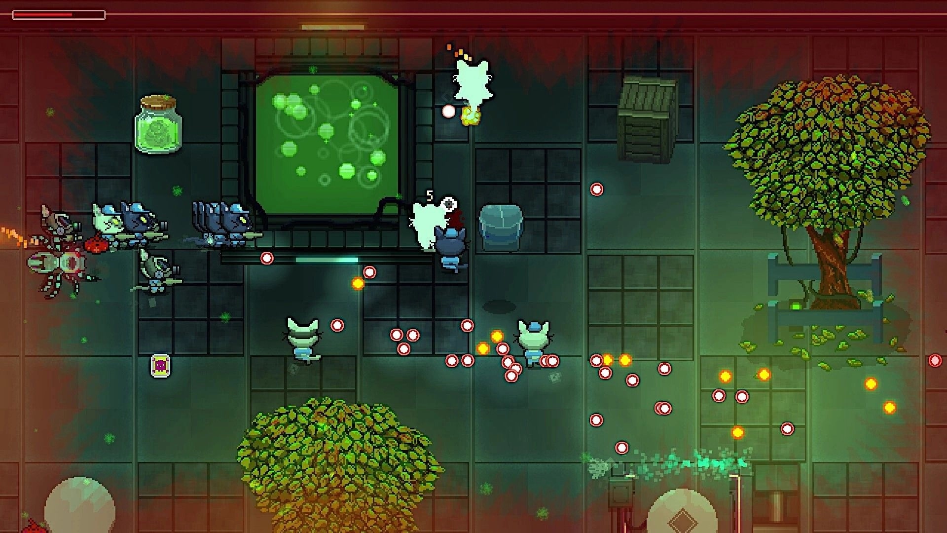 Drako: Top-down firefight with cat enemies and bullet patterns in a tiled lab courtyard with trees.