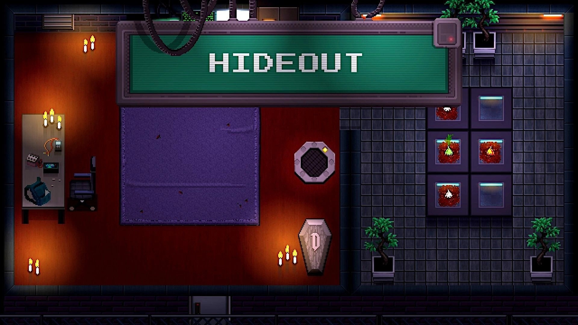 Drako: Hideout base room with workbench, coffin, and planter grid under large HIDEOUT banner.