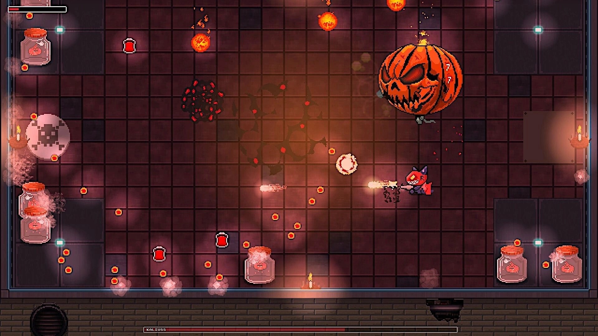 Drako: Cat hero fires bullets at giant jack-o-lantern boss in tiled arena with jars and UI.